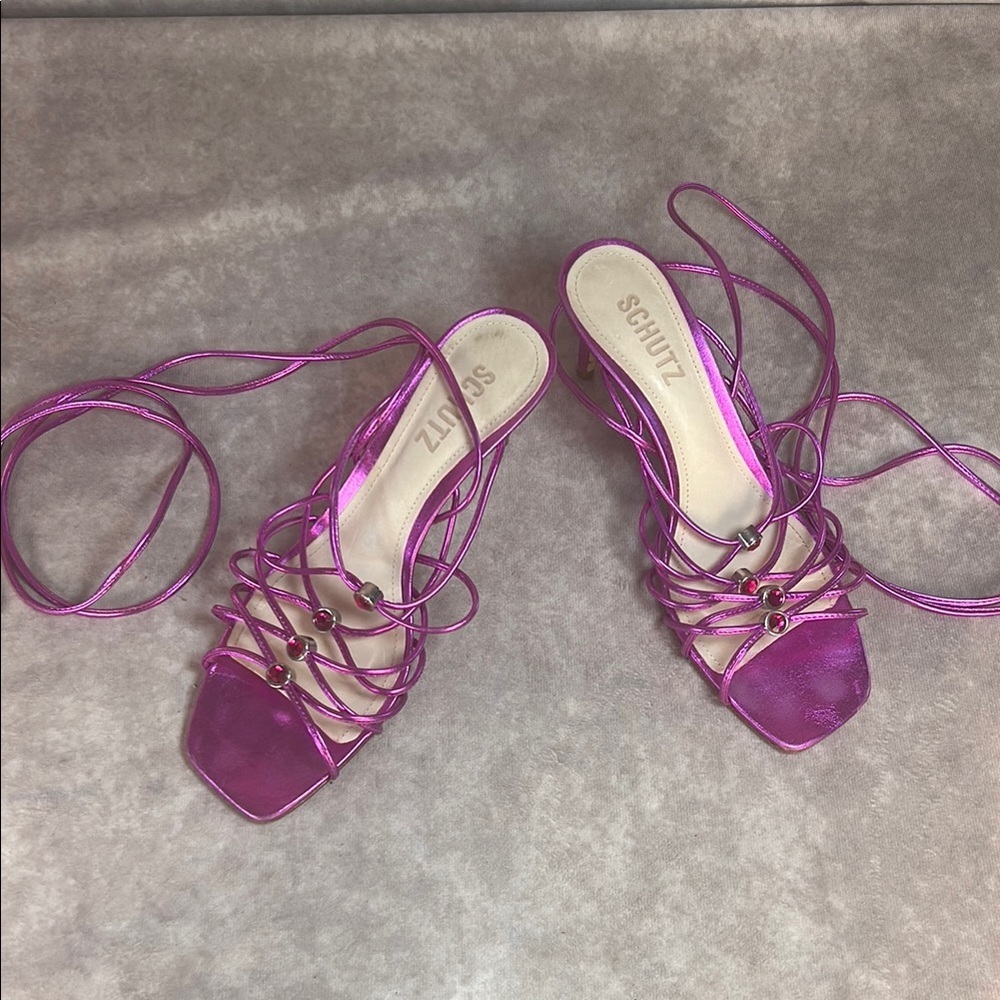 GUC Schutz Women's 7.5 Dark Metallic Pink Purple Strappy Heels Leather - Picture 2 of 9